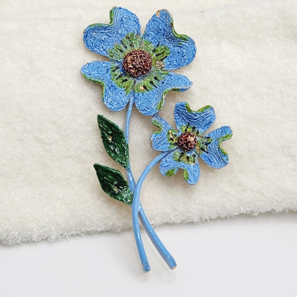 Vintage Blue Enamel‎ Double Flower Brooch ART Signed Textured 3.5" Mod Pop Art